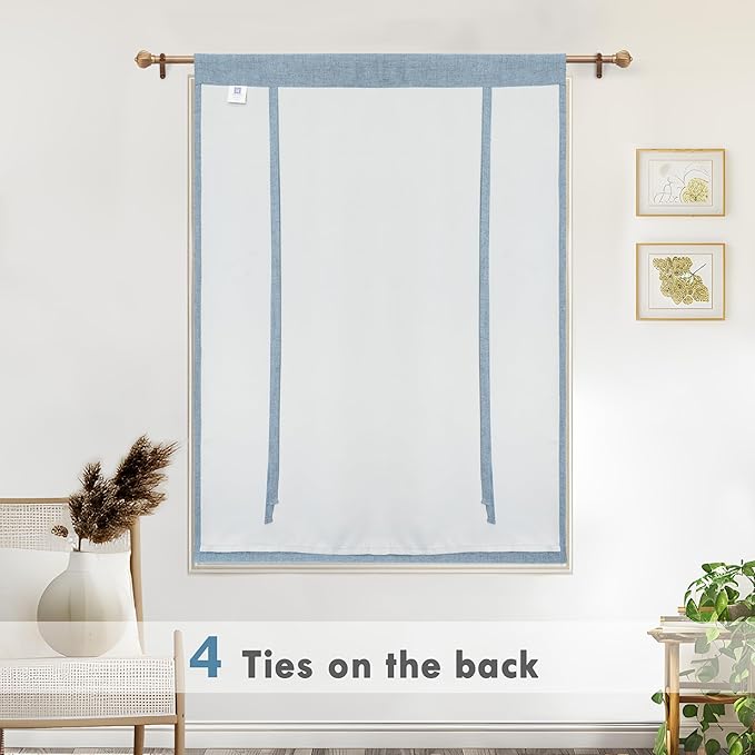 DriftAway Double Layer Linen Blackout Tie Up Curtains Thermal Insulated Fully Lined Balloon Roman Shade Bathroom Window Adjustable Rod Pocket for Small Window 31 Inch by 47 Inch Dusty Blue