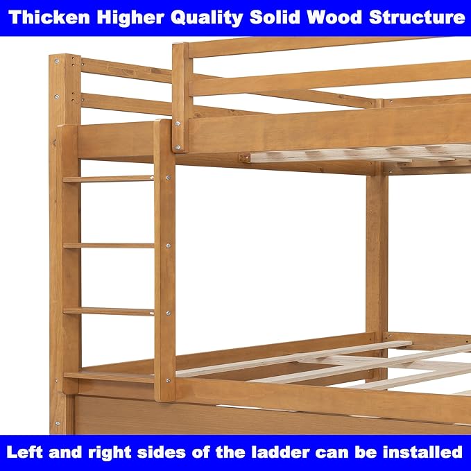 Upgraded Version Thicken Solid Wood Queen Over Queen Bunk Bed with Twin XL Size Trundle, Best Wooden Bunk Bed for Adults, Easy to Assemble (Wood Color with Trundle)
