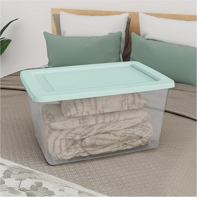 Sterilite 16 Pack Storage Boxes, Clear Plastic Stackable Containers, Lightweight Home Organizers with Snap Lids, 58 Quart, Mindful Mint
