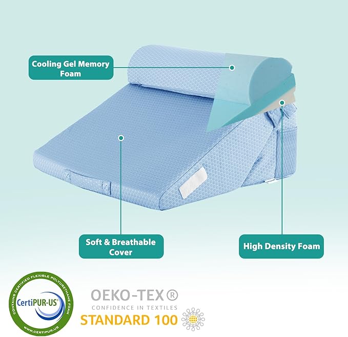 Bedluxe 3Pcs Orthopedic Bed Wedge Pillow Set, Foam Wedge Pillow Post Surgery for Back, Leg and Knee Support, Adjustable 9&12 Inch Folding Triangle Pillow for Sleeping, Acid Reflux, Snoring, Light Blue