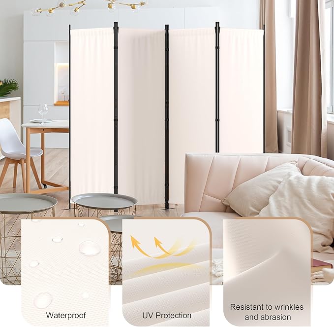 Room Divider, 4 Panel Folding Privacy Screen, 88” Portable Separating with 3 Metal Feet, Partition Room Dividers, Lightweight Freestanding Wall Divider Screen for Office Bedroom Hospital(White)