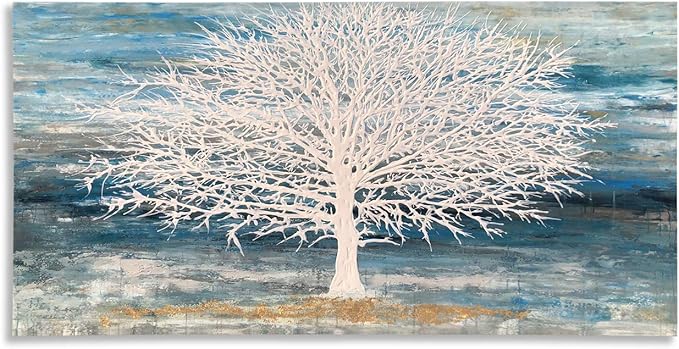 White Tree Canvas Wall Art Large Teal Blue Decor Textured Painting Print with Gold Foil Framed Artwork for Living Room Bedroom(24W*48L