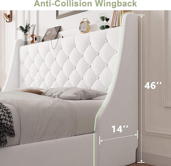 Feonase Upholstered Full Size Bed Frame with 4 Storage Drawers, Charging Station, Tufted Wingback Storage Headboard, No Box Spring Needed, Easy Assembly, White