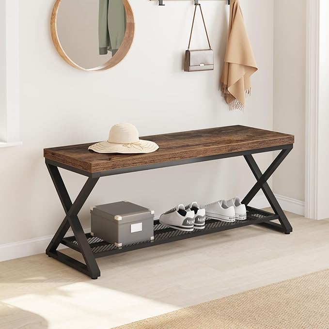 LVB Rustic Entryway Bench with Shoe Storage, Wooden and Metal Shoe Bench with Seating, Industrial Indoor Bench for Living Room Bedroom, Shoe Rack Bench for Foyer Hallway Entrance, Rustic Brown, 39 in