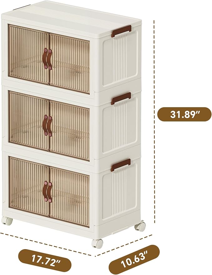 35 QT Large Plastic Storage Bins with Lids Open Front, Stackable Storage Containers with Wheels for Clothes, Home, Room, White, 3 Tiers