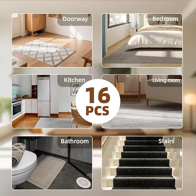 Washable Reusable Non-Slip Rug Pads 16 PCS,Double Sided Anti-Skid Tape,Strong Adhesive Mat Holders,Grippers for Area Carpet,No Damage Removable for Hardwood Floors