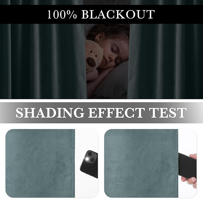 RYB HOME 100% Blackout Blue Velvet Curtains 90 inches Long, Back Tab Thermal Insulated Noise Reducing Curtains & Drapes for Living Room Kids Bedroom, Stone Blue, 52W x 90L, Set of 2 Panels