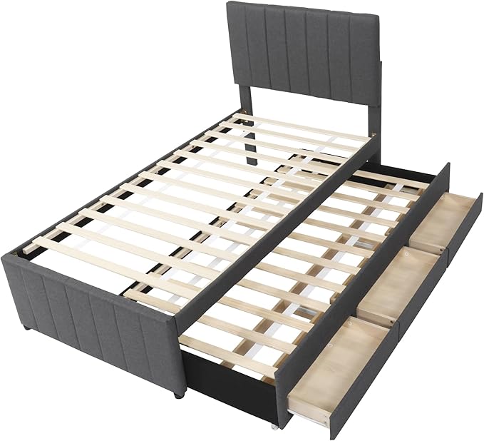 Twin Size Bed Frame with Trundle Bed and Storage Drawers,Linen Upholstered Bed Frame,Twin Size Trundle Bed with Adjustable Headboard,Upholstered Platform Bed Twin for Kids Teens Adults,Gray