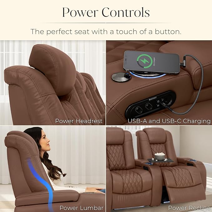 Seatcraft Diamante Zero-Gravity CoolZero Italian Leather Home Theater Seating, Power Headrest, Power Recline, Single Recliner, Tobacco