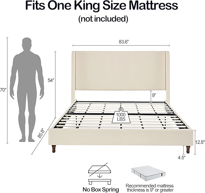 King Size Upholstered Bed Frame, Harper 54" Tall Headboard Platform Beds, Wingback Headboard Bedframes/No Box Spring Needed/Easy Assembly/Elegant Simplicit, Beige Boucle