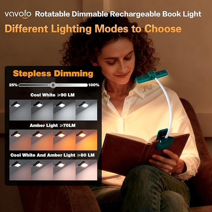 VAVOFO Rechargeable Book Light Rotatable：24 LEDs Reading Light, 3-Color & 9-Brightness Book Lamp, Eye Cared 120Hrs Runtime Lightweight Clip on Led Light for Book Lovers (Green)