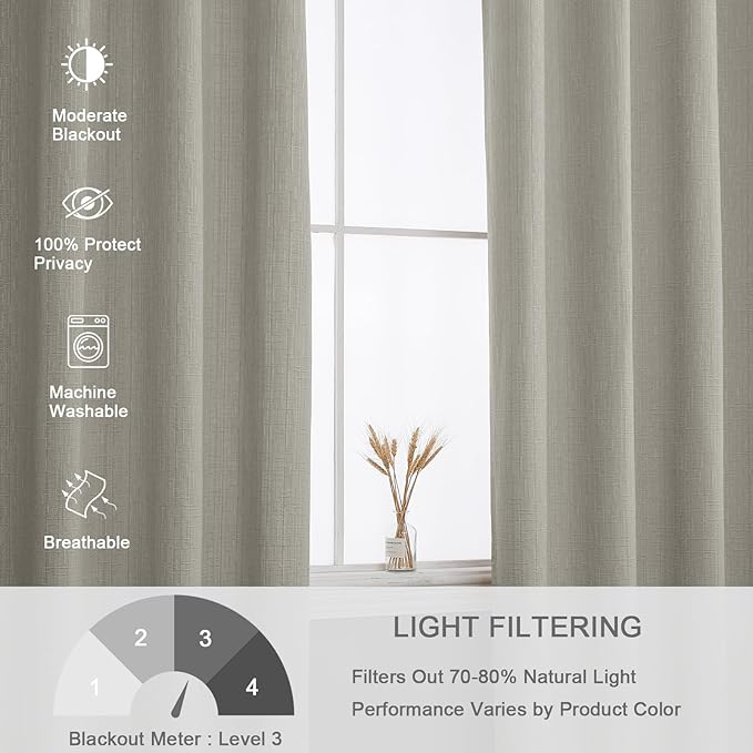 Jacquard Linen Curtains 72 inch Length 2 Panels Thick Faux Linen Blended Window Drapes Burlap Textured Curtains with Grommet for Living Room Bedroom Farmhouse (52x72 Light Khaki) Natural