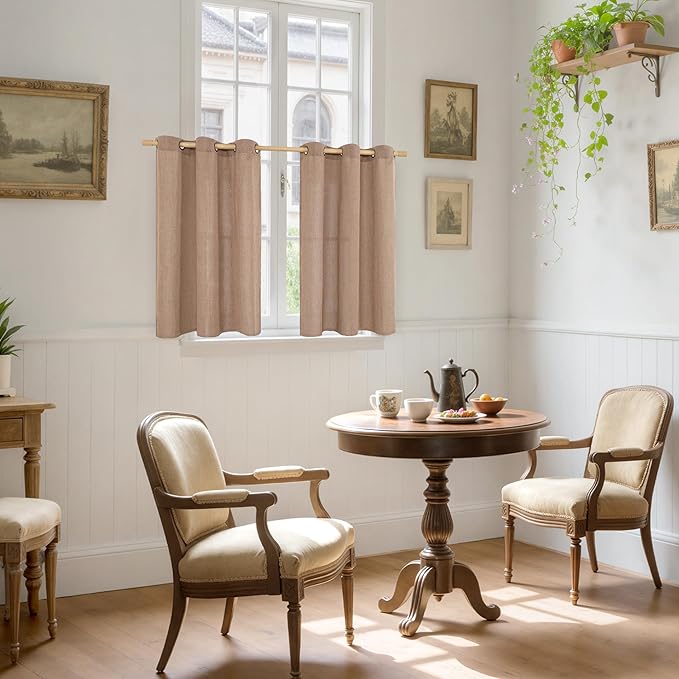 YoungsTex Mocha Brown Linen Kitchen Window Curtains 40 Inch Length, Short Semi Sheer Drapes with Grommet Light Filtering for Bathroom Living Room Windows, 2 Panels, 42 X 40 Inch