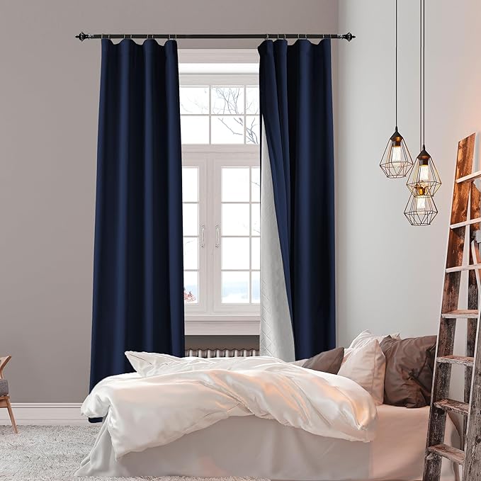 Soundproof 100% Blackout Curtains 96 inches, 3 Layers Thermal Insulated Back Tab Drapes for Door Window Nursery Divider Living Room, with Pin Hooks Navy Blue 50x96 Inch 1 Panel