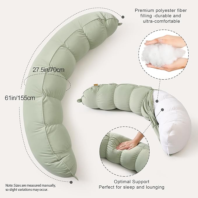Peallow(Pat. Pend) – Long Round Body Pillow for Adults, Bolster Pillow for Sleeping, Soft and Supportive Pillow for Sleeping & Lumbar Support (Celadon Green,47")