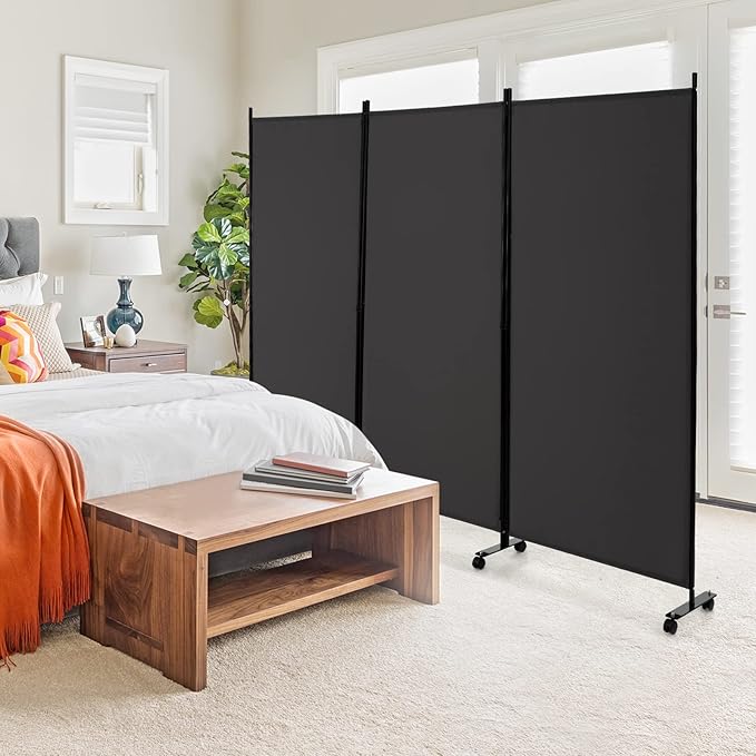 GOFLAME 3 Panel Folding Room Divider, 6FT Rolling Privacy Screen with Lockable Wheels, Portable Room Partition Screen, Freestanding Wall Divider and Separator for Home Office, Grey