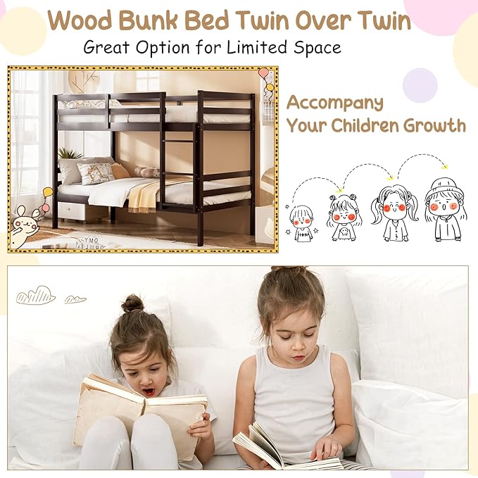 KOMFOTT Wood Bunk Bed Twin Over Twin, Bunk Bed with Ladder & Safety Guardrail, Solid Wood Bed Frame, Ideal for Dormitory & Multiple-Child Family, No Box Spring Needed, Kids Twin Bed