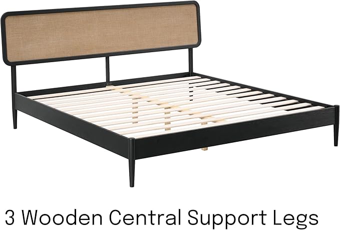 NTC Lupin Wooden Bed Frame with Headboard, Solid Oak and Rubber Wood Foundation with Silent Slats and Wood Central Supports, 1000 Lb Capacity, Effortless Assembly, Queen - Burnt Black