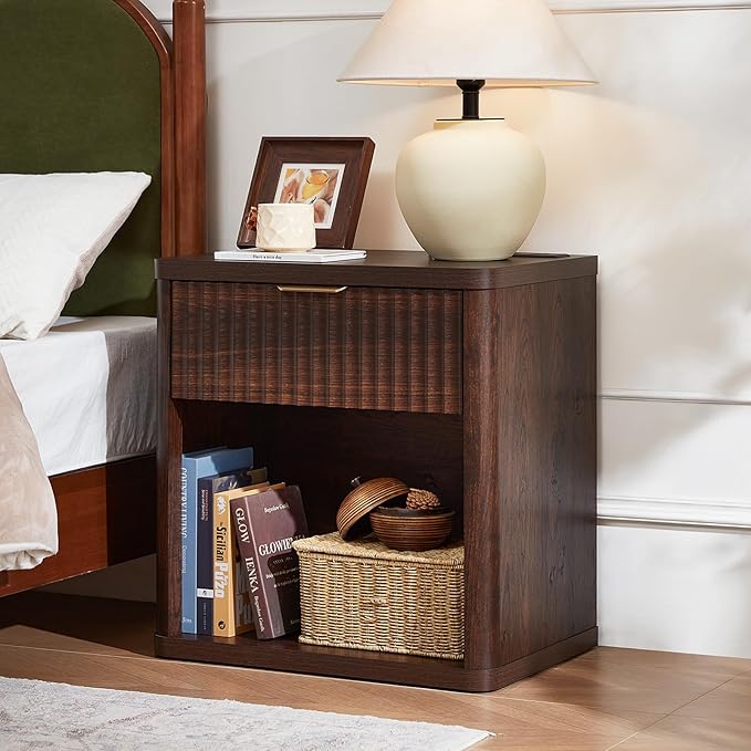 LEYAOYAO Fluted Farmhouse Nightstand Set of 2 with Charging Station, 23" Wide 1 Drawers Night Stand,Walnut Dresser for Bedroom,Bed Side Table Chest of Drawers,Wood End Table for Living Room