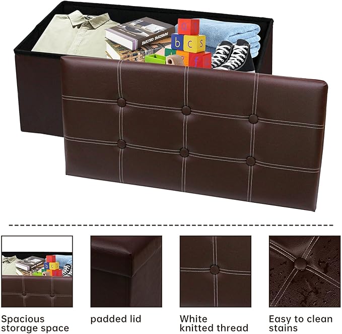 xupersodys 30 Inches Folding Storage Ottoman Bench, Faux Leather Footstool Ottoman, Storage Trunk Footrest for Bedroom, Living Room and Hallway, Support 350lbs, Brown (White line)