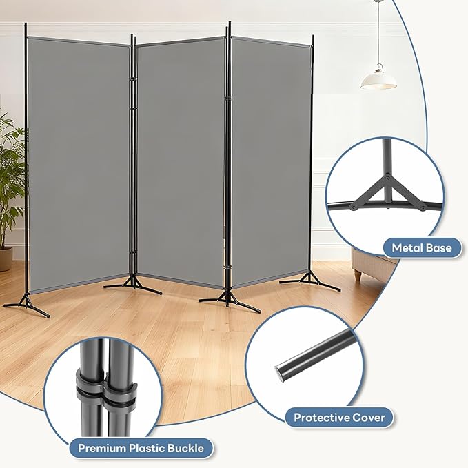 DUMOS 3 Panel Partition Room Divider, 6 Ft Tall Folding Privacy Screen, Freestanding Partition with Steel Frame, Easy Move & Storage, for Home, Office, Bedroom, Grey