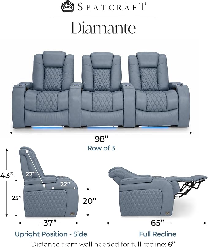 Seatcraft Diamante Zero-Gravity CoolZero Italian Leather Home Theater Seating, Power Headrest, Power Recline, Row of 3, Smokey Blue