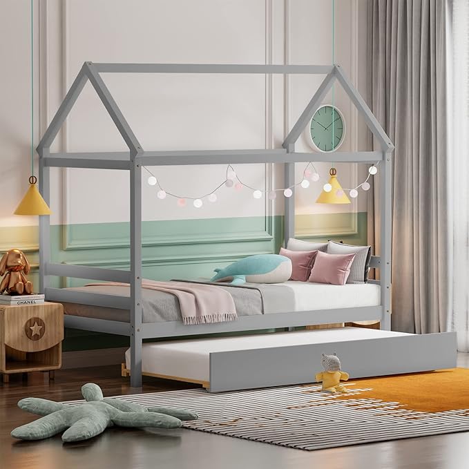 Giantex House Bed with Trundle, Solid Wood Twin Size Daybed for Girls & Boys, Kids Platform Bed Frame with Roof for Bedroom, No Box Spring Needed, Grey