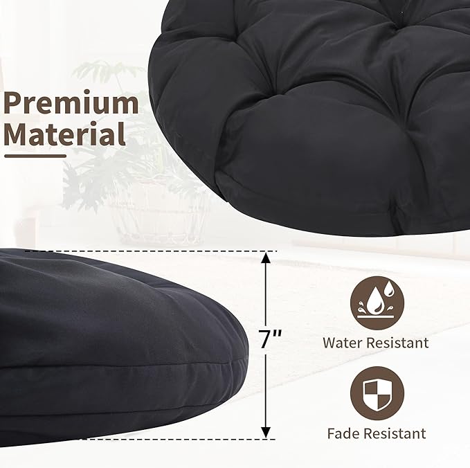 46" Giant Oversized Rattan Papasan Chair with Cushion and Frame for Adults, Fluid 360° Swivel, Waterproof, Grey Frame with Black Cushion