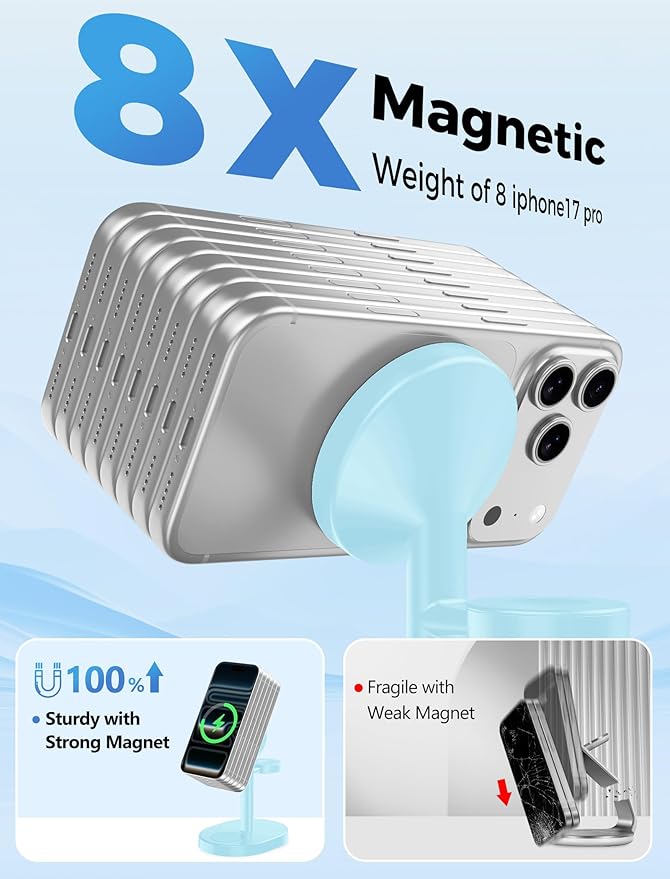2025 3 in 1 Wireless Charging Station for Apple MagSafe Charger, 15W Fast Magnetic Mag-Safe Charger Stand for iPhone 17 16 15 14 13 12 Apple Watch AirPods Series, Gifts for Men (Ice Blue)