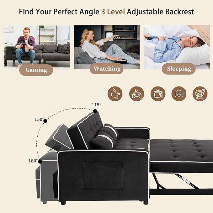 Convertible Sofa Bed, 3-in-1 Loveseat Futon Sofa Bed with 3-Position Adjustable Backrest & Side Pocket, Modern Velvet Fabric Pull Out Couch for Living Room, Small Spaces (Black)