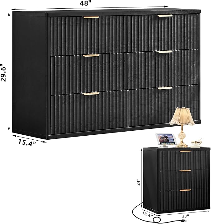 LEYAOYAO 48" Wide Fluted Dresser and 3 Drawers 23" Nightstand Set of 2, Wooden Dresser & Night Stand with Charging Station, 3 Piece Bedroom Furniture Set, Chest of Drawer for Living Room,Black
