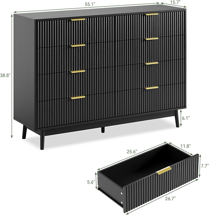 LYNSOM Fluted Dresser and Nightstand Sets 3 Piece, 9-Drawers Dresser and 1-Drawer Nightstands Set of 2, Wood Bedroom Furniture Set for Home, Bedroom, Hallway, Black