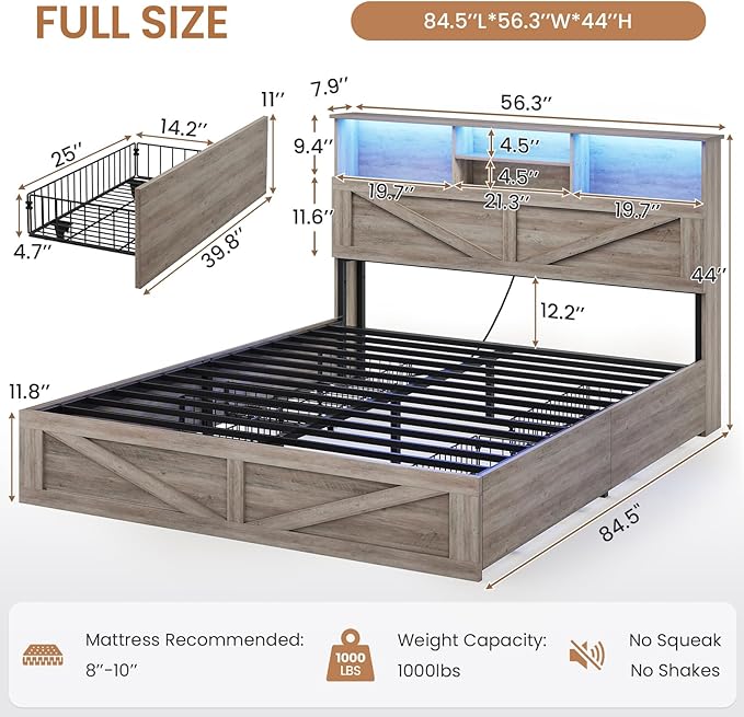 VIAGDO Farmhouse Bed Frame Full Size with Bookcase Storage Headboard, Charging Station and LED Lights, Wooden Full Bed Frame with 4 Drawers, Barn Door Design, No Box Spring Needed, No Noise, Grey