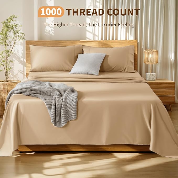 LBRO2M 100% Cotton Sheets Set Deep Pocket 19", 1000 Thread Count Full Size 4 Piece Bed Sheet Sets Soft Comfortable Bedding All Season (Full, Cream)
