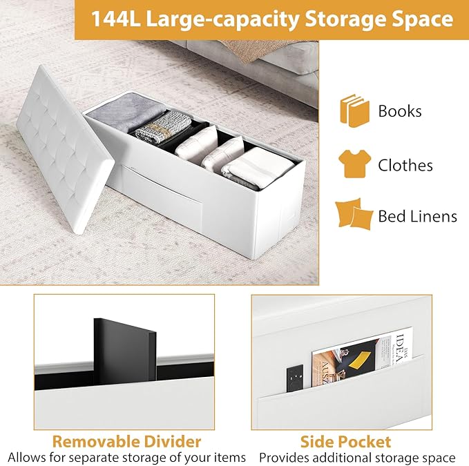 Giantex 43 Inches Folding Storage Ottoman Bench, Upholstered PU Leather Storage Chest with Side Pocket, Padded Seat, End of Bed Bench, Collapsible Ottoman Foot Rest for Living Room, Bedroom & Entryway