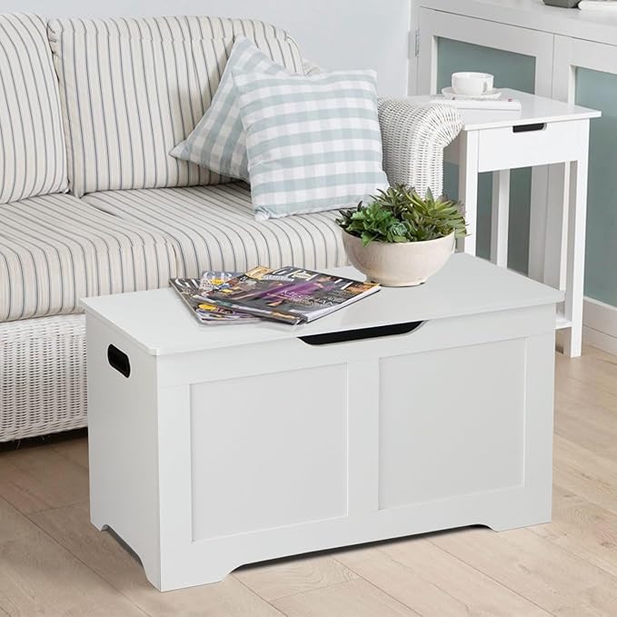 Timberer 31.5" Storage Chest, Wooden Storage Bench, Lift Top Toy Chest with 2 Safety Hinges, Large Toy Box, Entryway Shoes Bench for Living Room, Bedroom, White