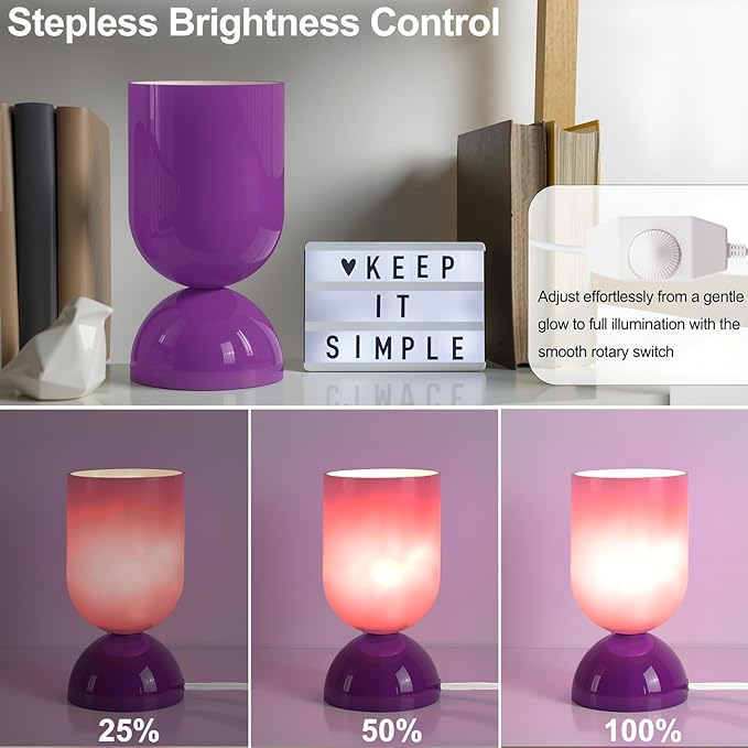 8.9" Modern Glass Table Lamp for Living Room, Dimmable Desk Lamps for Bedroom, UL Listed Nightstand Lamp with Dome Base, End Table Lamps for Home, Side Tables, College Dorm, Office, Glossy Purple