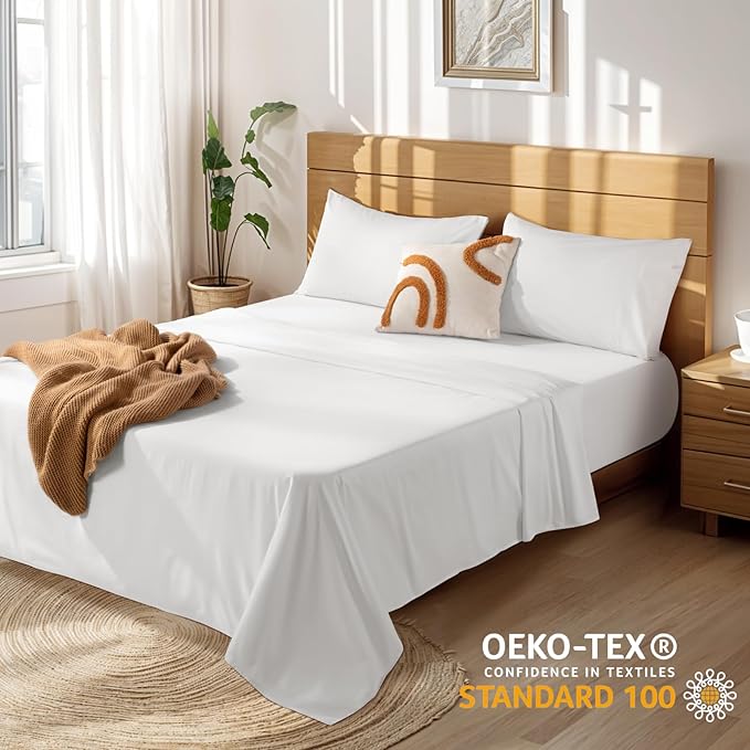 LBRO2M 100% Cotton Sheets Set Deep Pocket 19", 1000 Thread Count California King Size 4 Piece Bed Sheet Sets Soft Comfortable Bedding All Season (California King, White)