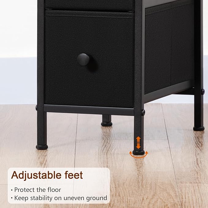 LOAKEKEL Narrow End Table Living Room with Charging Station, Skinny Side Table with Fabric Drawers, Slim LED Nightstand for Bedroom, Small Spaces, Couch, Black, HETNDP02LBK-1