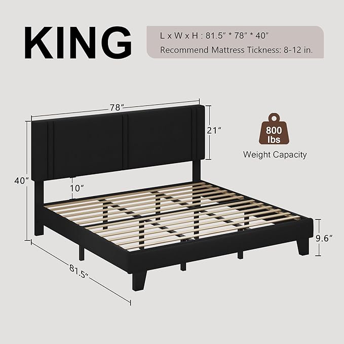 Upholstered King Size Bed Frame with Linen Fabric Headboard, Strong Wooden Slats Support, Noise Free, No Box Spring Needed, Black