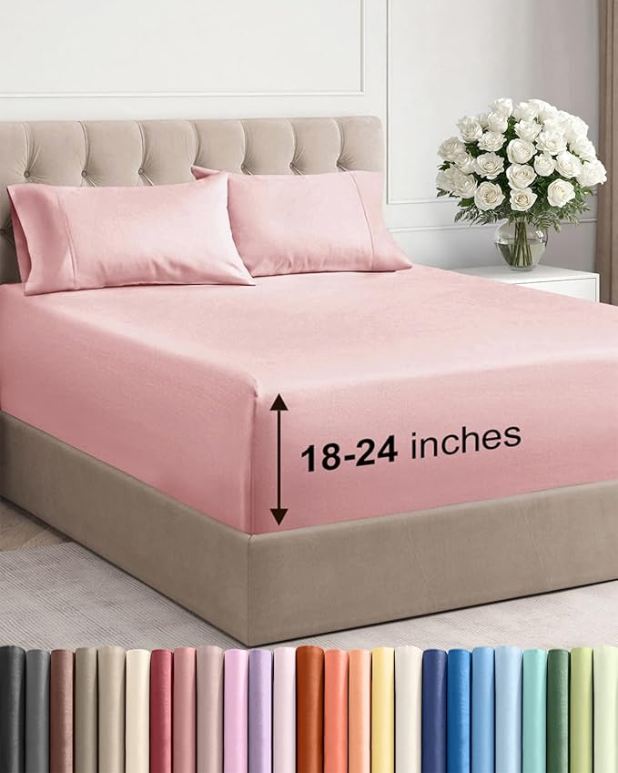 Extra Deep Twin Sheet Set - 4 Piece Breathable & Cooling Sheets - Hotel Luxury Bed Sheets Set - Easy & Secure Fit - Soft, Wrinkle Free & Comfy Sheets Set - Baby Pink Sheet Set with Extra Deep Pockets