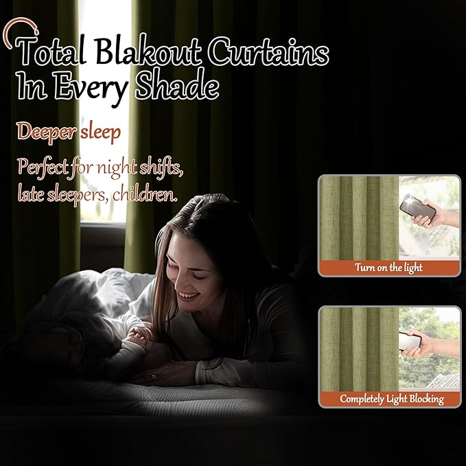 Linen Blackout Curtains 90 Inch Long, Olive Green Extra Long Curtains for Bedroom Living Room Modern Farmhouse, Thermal Light Blocking Faux Linen Energy Save Drapes Each 52x90 Inch 2 Panels