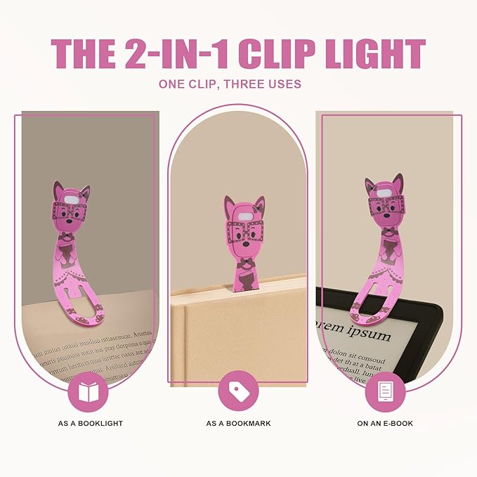 Rechargeable Book Light for Kids at Night – Portable Clip-On LED Light with Dimmable Brightness Ideal for Kids & Adults, Bedtime & Travel–Eye-Caring, Flexible, Gift for Book Lovers,Pink