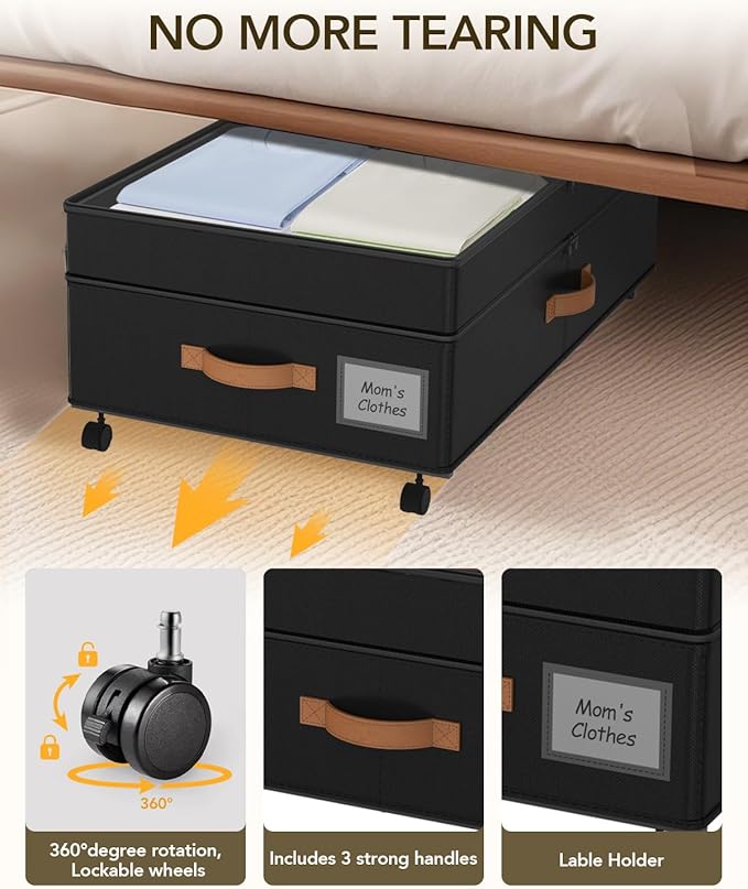 Under Bed Storage with Wheels, 10 inches Under Bed Storage Containers, 65L XXL Large Adjustable Underbed with Lids, Rolling Underbed Storage bins for Shoes, Clothes, Blankets, Black