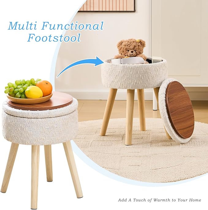 Mxfurhawa Storage Ottoman Velvet Round Vanity Stool Tray Top Modern Foot Stool with Wood Legs Multifunctional Upholstered Foot Ottoman Rest for Living Room, Bathroom