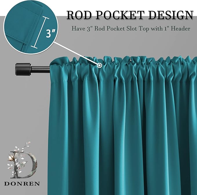 DONREN 72 Inch Length Teal Curtains for Kitchen - Small Window Treatment Room Darkening Rod Pocket Curtain Drapes(52 W x 72 L,Set of 2 Panels)