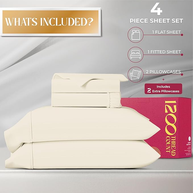 Mayfair Linen 100% Egyptian Cotton Sheets California King Size - 1200 Thread Count Cal King Size Sheets Set Egyptian Cotton, 4 PC Luxury Bedsheet (Ivory), Soft, Cooling, 17" Deep Pocket Set