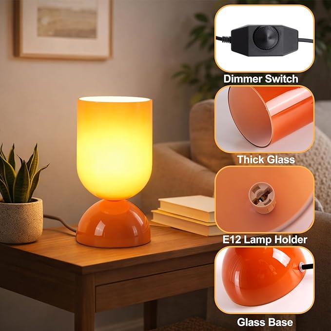8.9" Modern Glass Table Lamp for Living Room, Dimmable Desk Lamps for Bedroom, UL Listed Nightstand Lamp with Dome Base, End Table Lamps for Home, Side Tables, College Dorm, Office, Glossy Orange