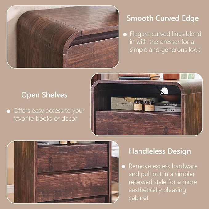 25" Tall Modern Nightstand Set of 2, 23.6'' Wide Wood Bedside Table w/2 Storage Drawers, Charging Station,Mid Century End Table for Bedroom, Living Room, Curved Profile Design, Brown