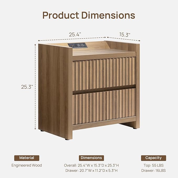SICOTAS Night Stand Fluted Nightstands with Charging Station- Modern 2 Drawers Nightstand 25" Tall Bedside Table End Table, Large Night Stands for Bedroom, Living Room Sofa Side (Caramel Oak, 1 Piece)